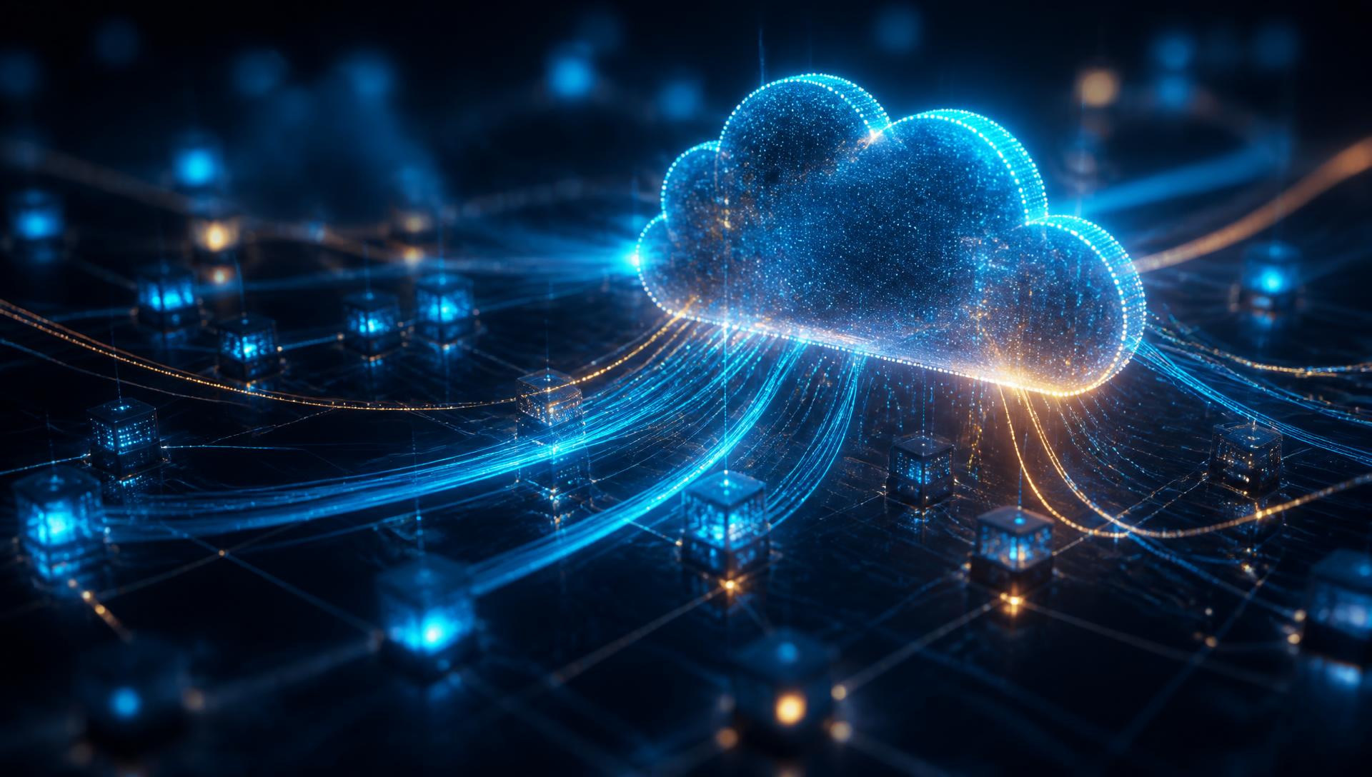 Abstract visualization of cloud infrastructure and connected data nodes